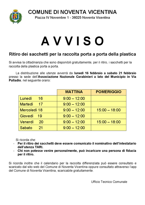 Ritiro dei sacchetti per la raccolta porta a porta della plastica